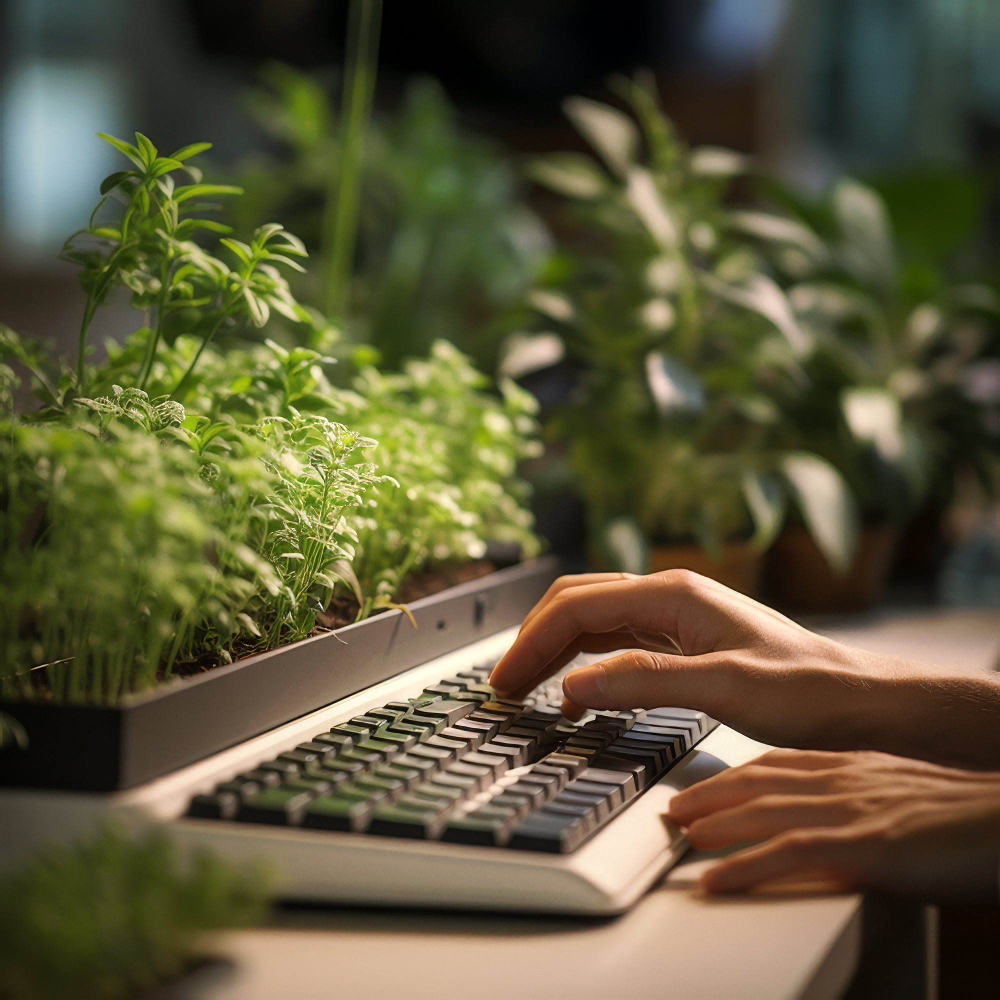 Hands typing on a keyboard beside a planter of fresh herbs