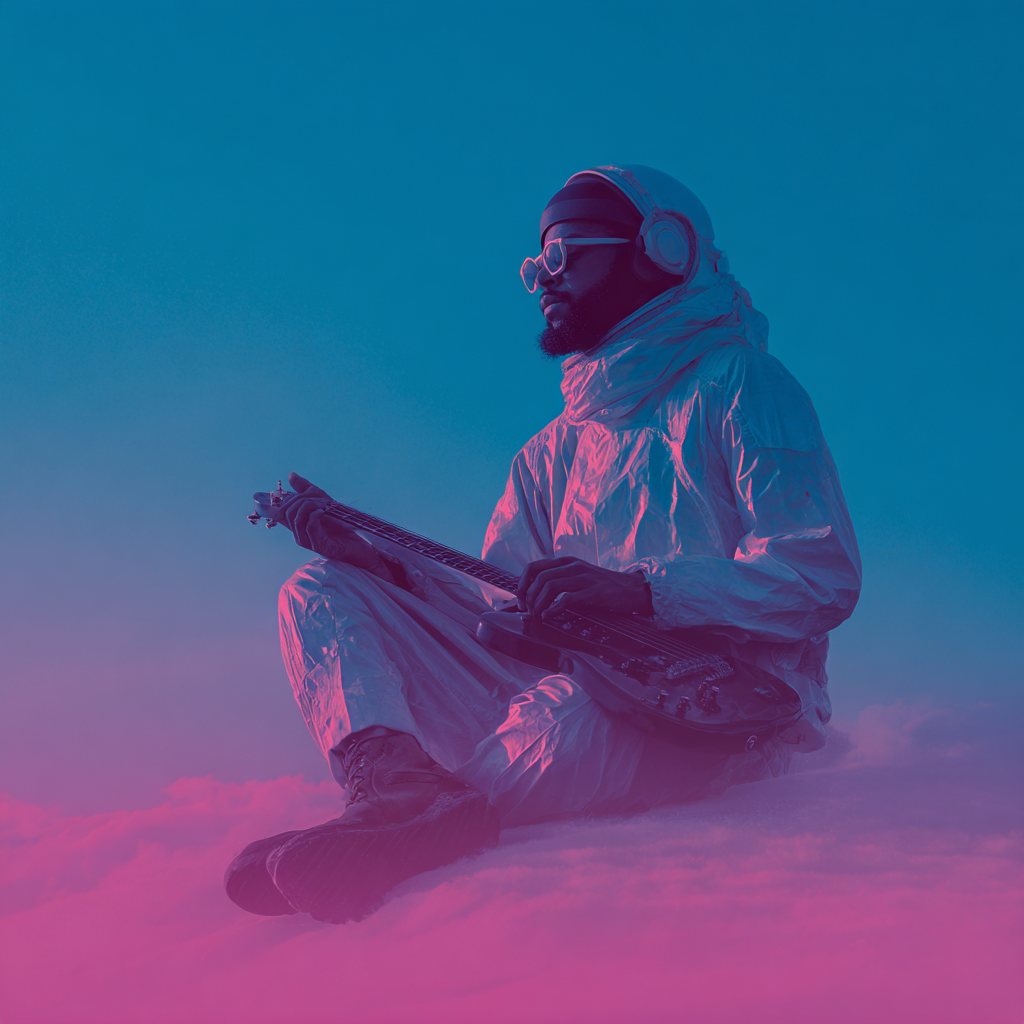 StrmMusic campaign image: Musician sitting cross-legged in a pink-and-teal haze holding a guitar